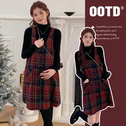 2023 Winter Maternity Dresses for Pregnant Women Loose Wool Plaid Strap Skirt Sweater Base Suit