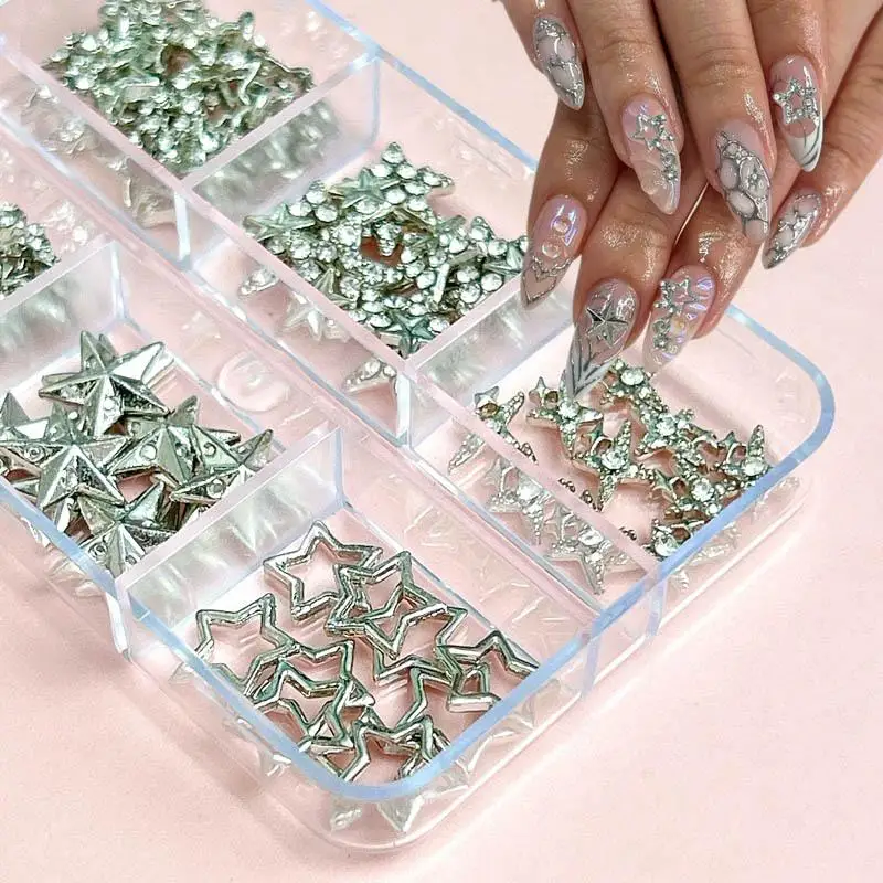 1Box minimalist ische Legierung Pentagramm Nagel Charms ausgehöhlte Sterne Mini Strass eingelegte Nail Art Dekoration DIY Maniküre liefert