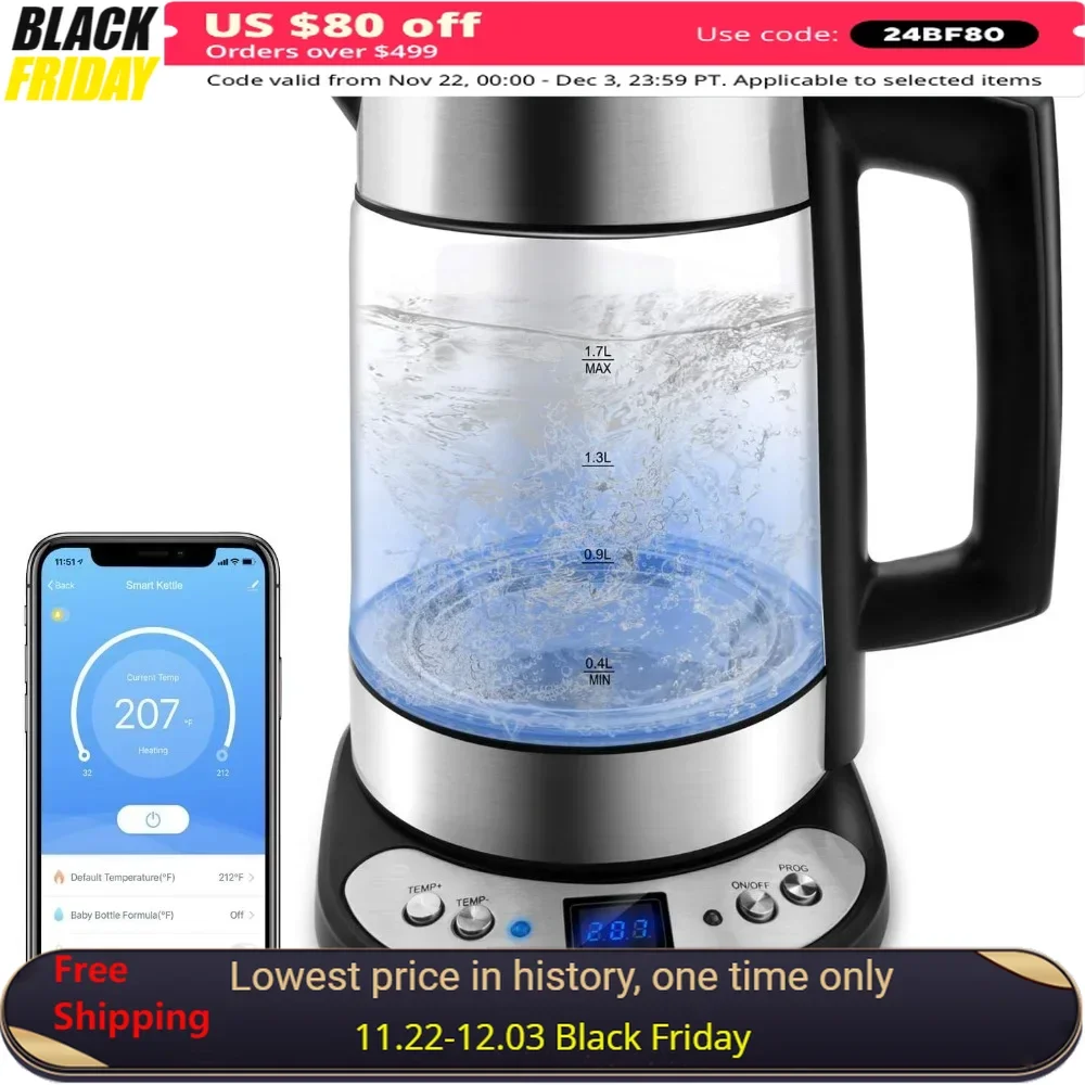 

Electric Kettle Smart, Glass Heater Boiler Suitable 1.7 L, Overheat Protection Temperature Control, Water Kettles