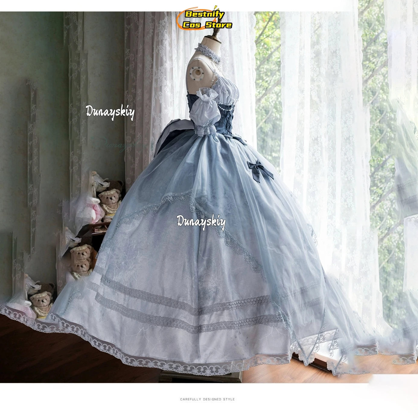 {Bestnify Cos}Cinderella Lolita Dress Evening Dress Skirt  Wedding Princess Costume Elegant Blue Dress Puffed Sleeves Halloween view 6