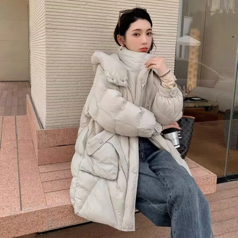 Chaqueta de plumón con capucha para mujer con bolsillo, abrigo largo, informal, versátil, lujoso, temperamento, ligero, nuevo, 2024