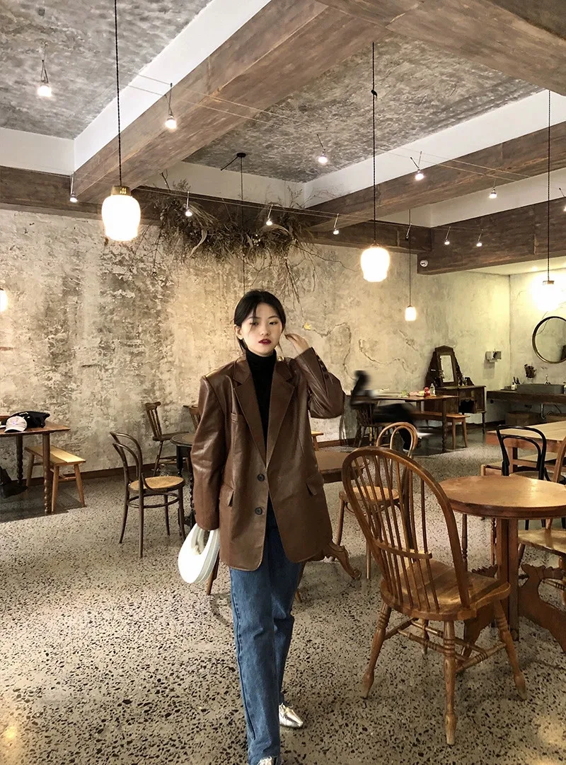 Lose Beiläufige Braun Leder Jaet frauen Frühling Herbst Neue Sle Koreanische Version Retro PU Anzug Mantel Lange Sve pendeln