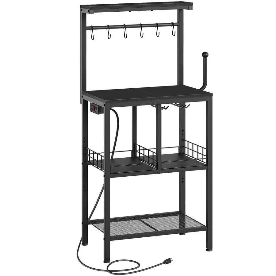 

Rack with Power Outlet, Microwave Stand with Paper Holder, Coffee Bar Table with Wine Glass Holder, 4Tier Kitchen Storage Rack