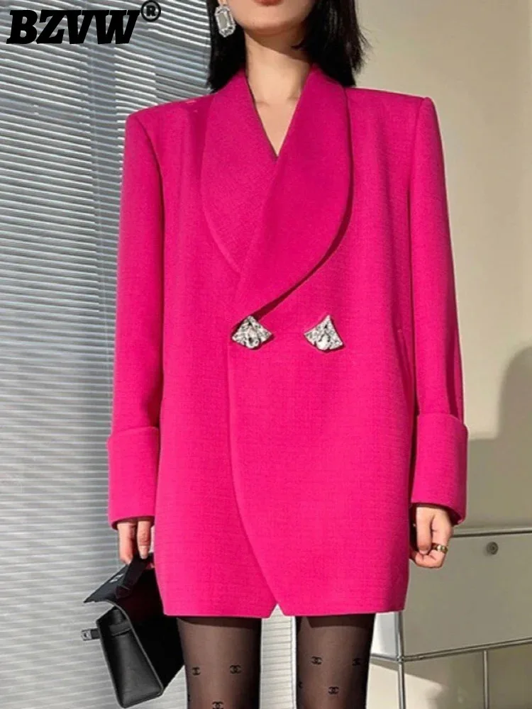 BZVW High-end Rose Pink Blazer For Women Notched Diamond Button Solid Color Personalzied Coats 2024 Autumn New Clothing 25Z1291