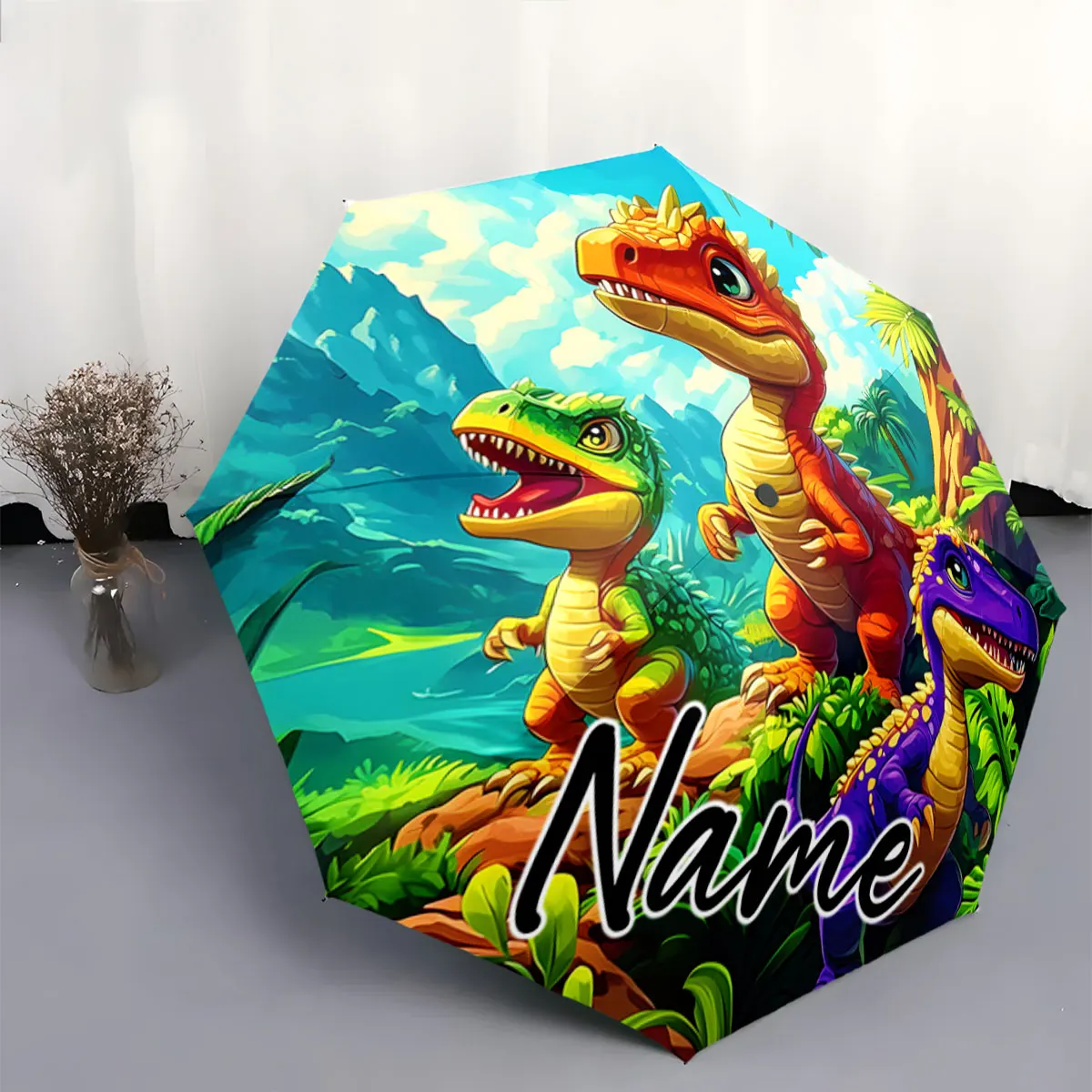 Custom Name Umbrella Colorful Dinosaur Adventure on Umbrella Print 8 Iron Ribs Folding Umbrella Auto-Open Fashion Sunshade