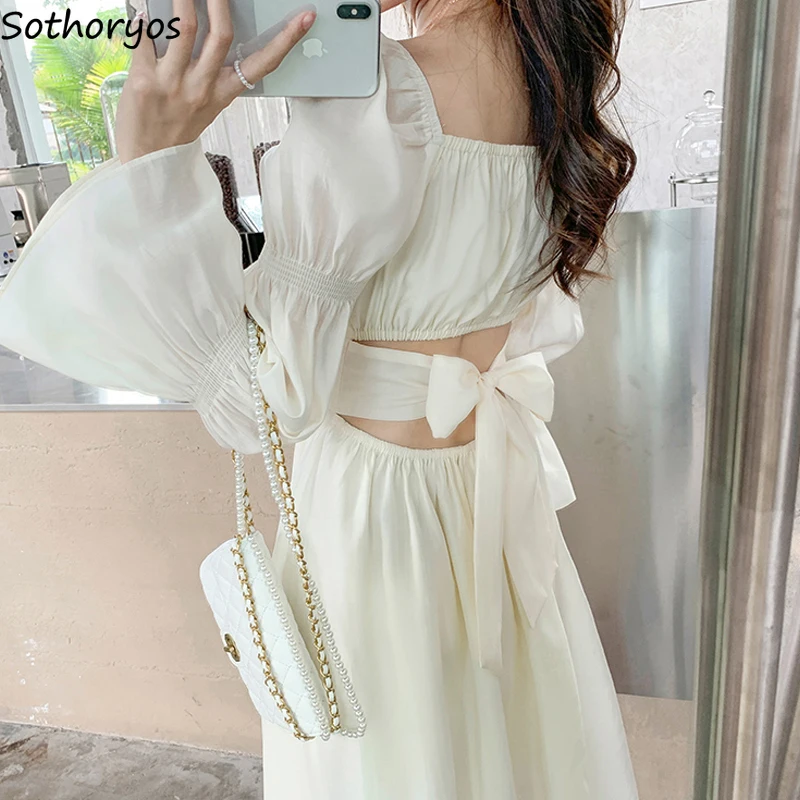 Abito longuette con maniche svasate donna Backless tempere Bandage Design elegante stile coreano Casual Fairycore a-line abiti primavera estate