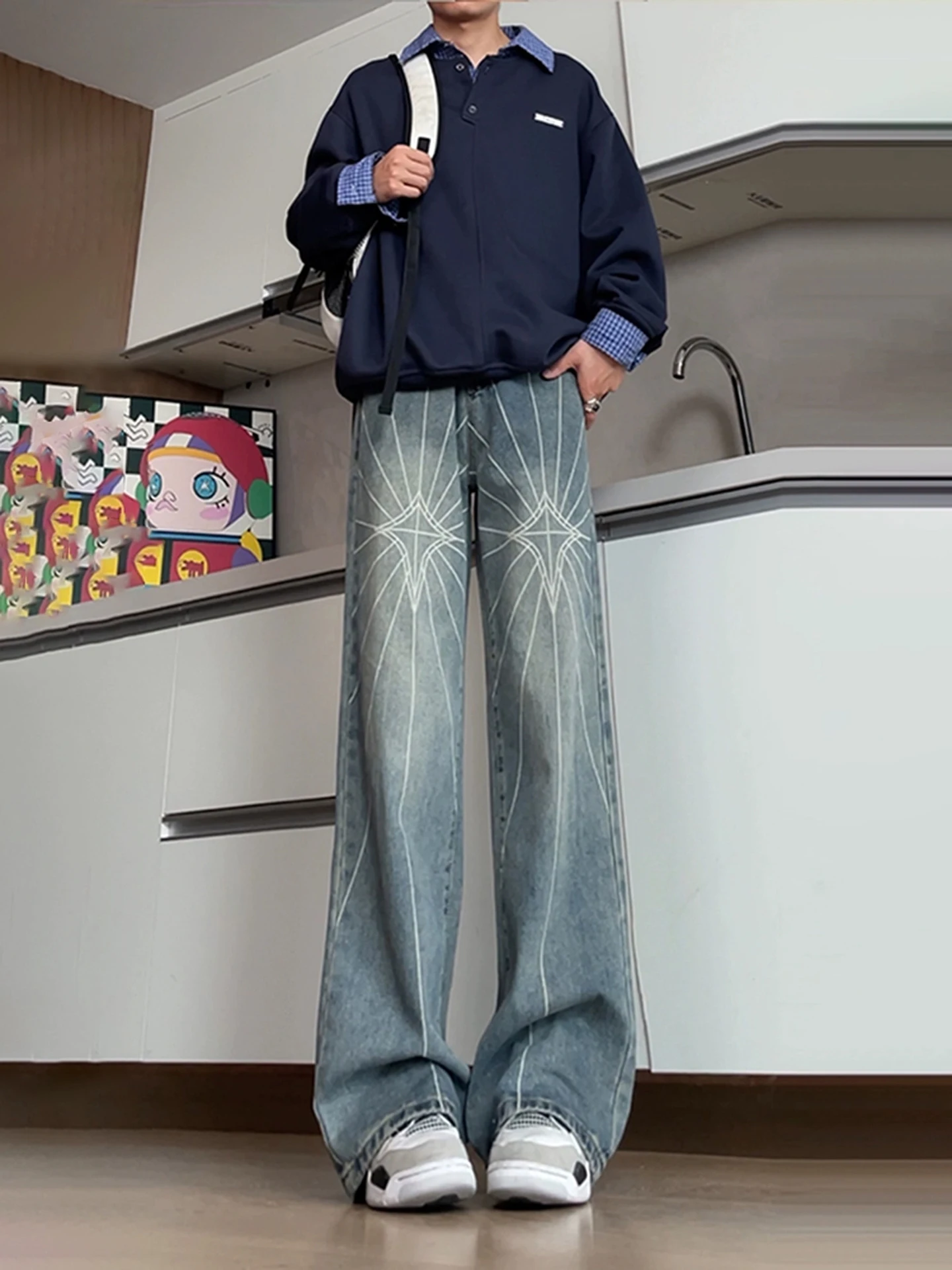 

Blue Spider Web Embroidered Men's Jeans mid Waist Machine Embroidery Wear Resistant Loose Fit Straight Leg Pants for Autumn