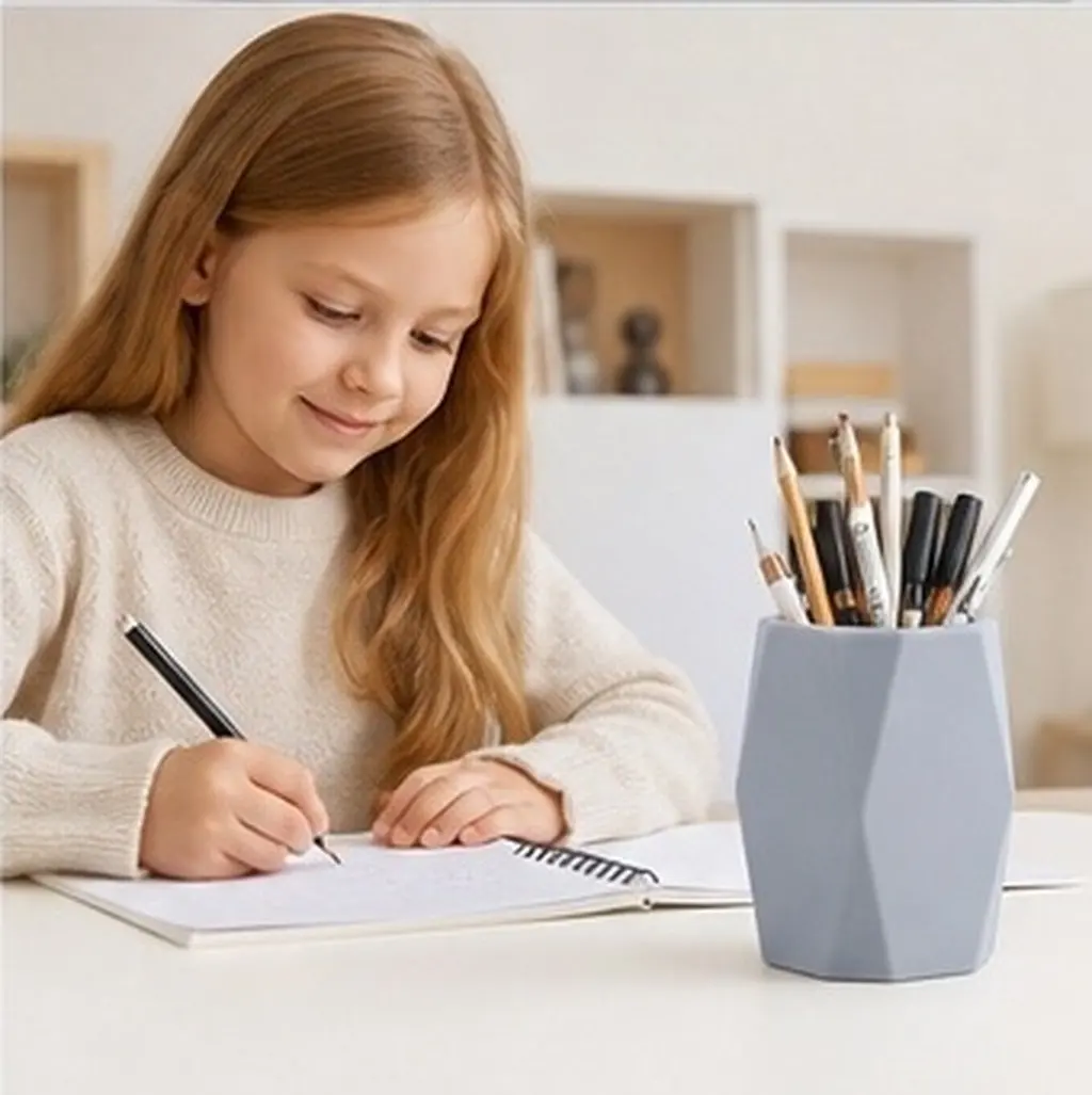 1Pcs Grey Silicone Pen Holder Geometry Shape Desktop Stationery Organizer Large Capacity Non-Slip Waterproof Suitable for Office
