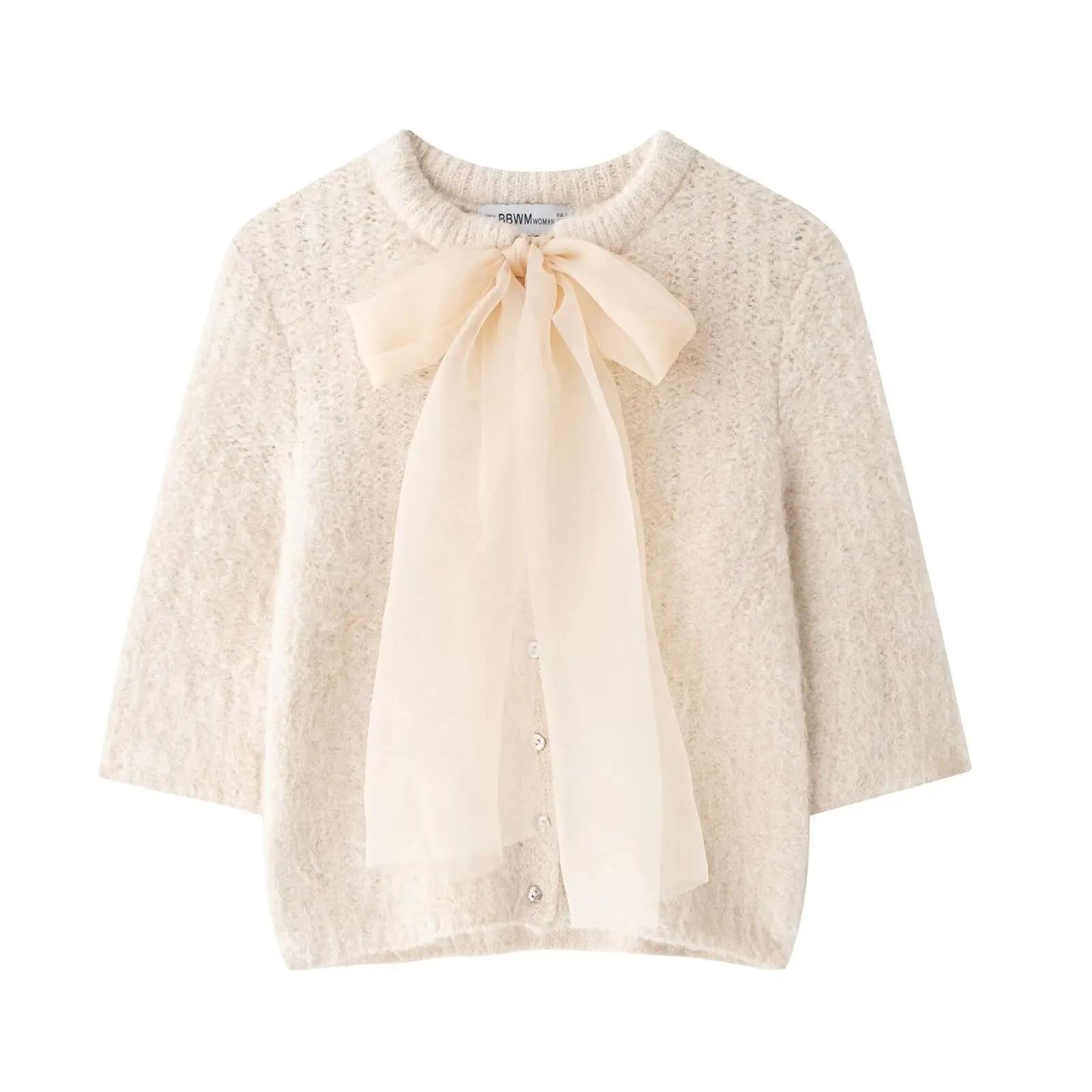

2025,Good quality,New,Spring,European,Clothes,Knitted,Sweater,Women,Fashion,Sexy,Button,Bowknot,Cardigan,Tops,Half Sleeve,58027