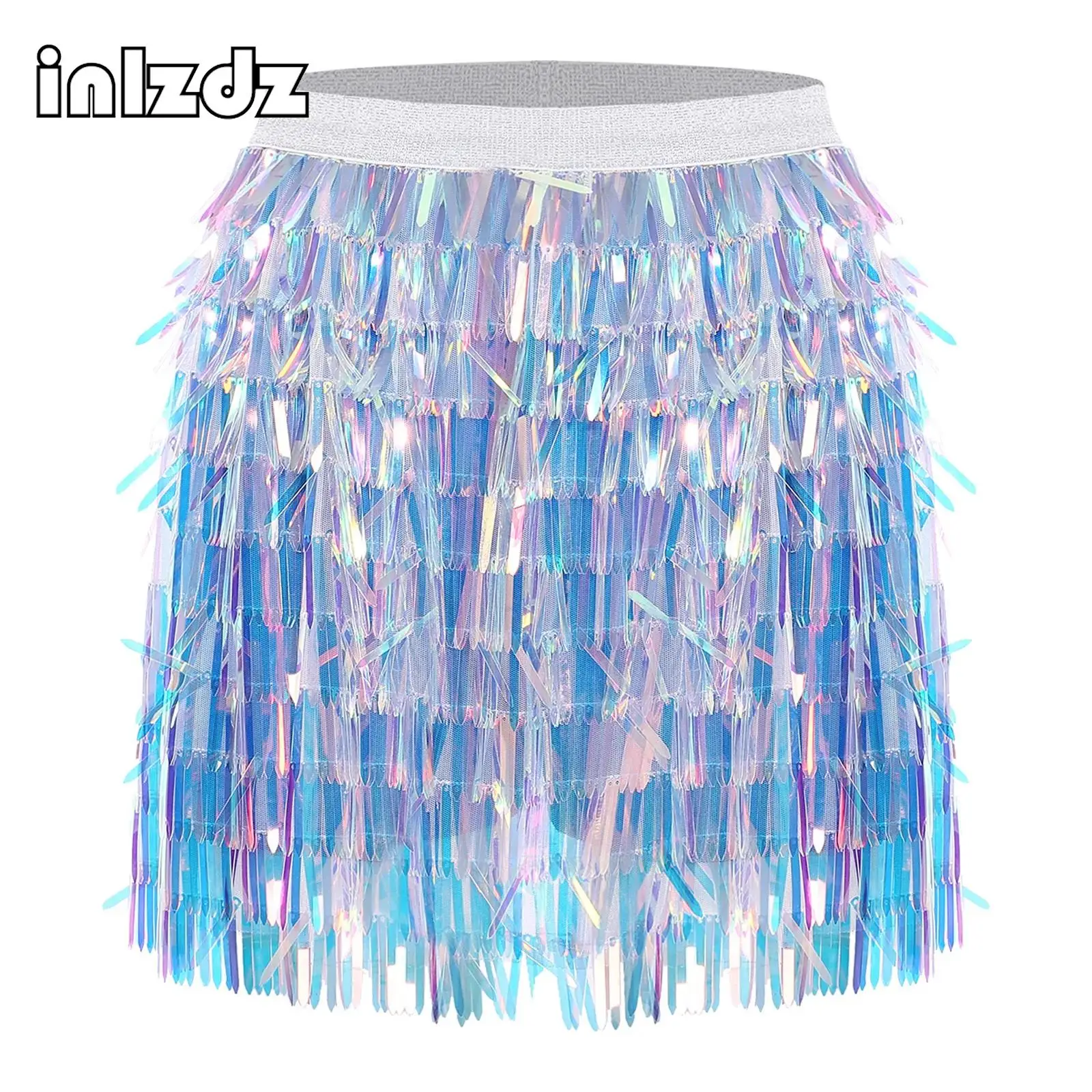 

Womens Glittery Cheerleading Dance Skirt Tiered Sequin with Iridescent Effect Stretchy Culottes Shorts for Carnival Club Party