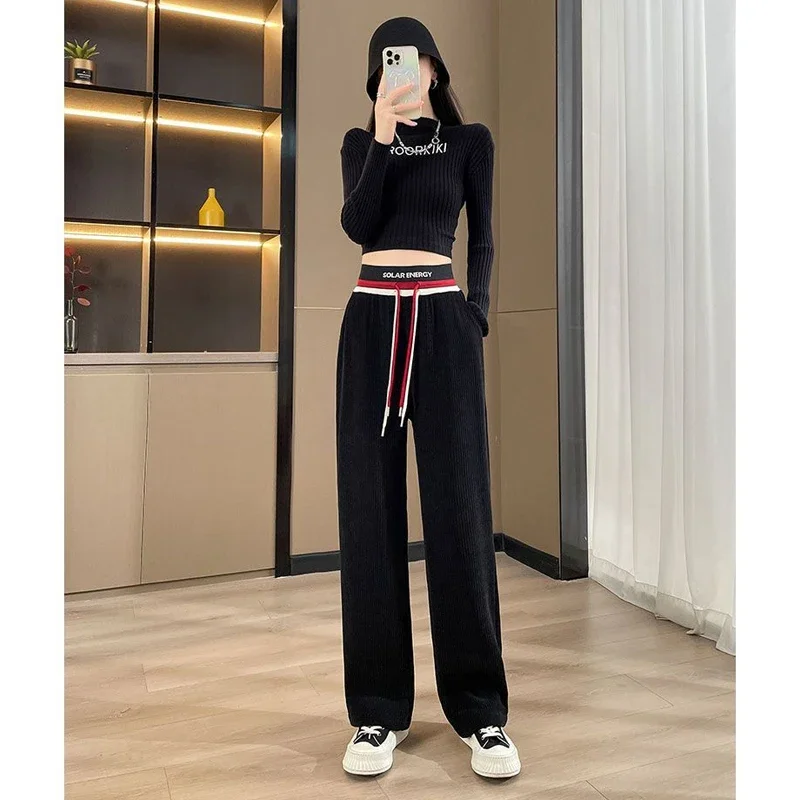 

Autumn Winter New Contrast Drawstring Straight Pants High Waist Loose Trend Corduroy Wide Leg Pants Casual Fashion Women Clothes