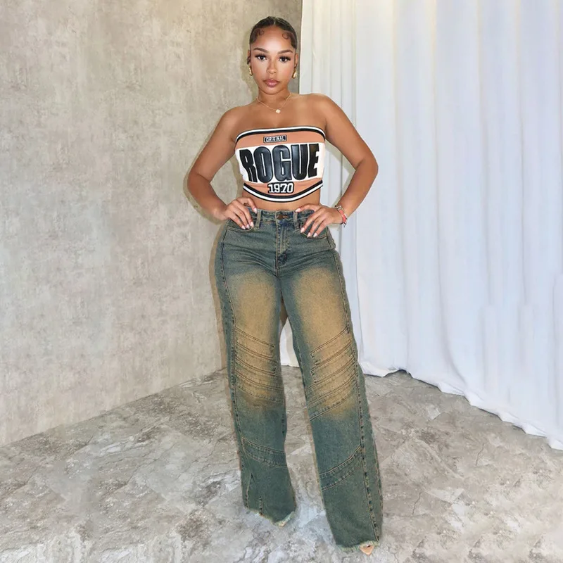High Street Distressed Fashion Vintage Washed Loose Jeans Button Up Zip High Waist Denim Full Pants For Women Daily Y2K Clothing