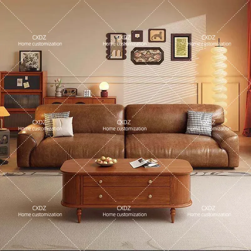 French retro leather sofa Italian minimalist living room three people straight row small apartment brown medieval oil wax