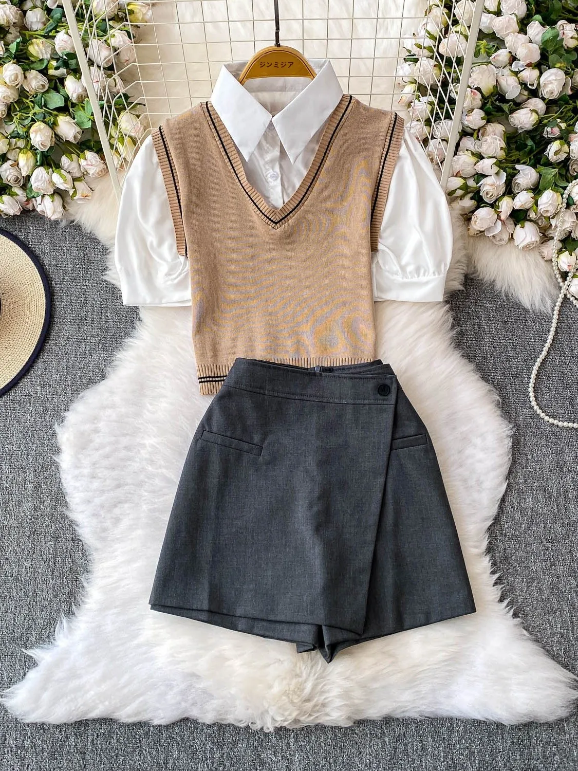 

Brown Patchwork ort Sve Ne Top with High Waist Slit orts Two Piece Set Slimming Design Summer Faion Ensemble