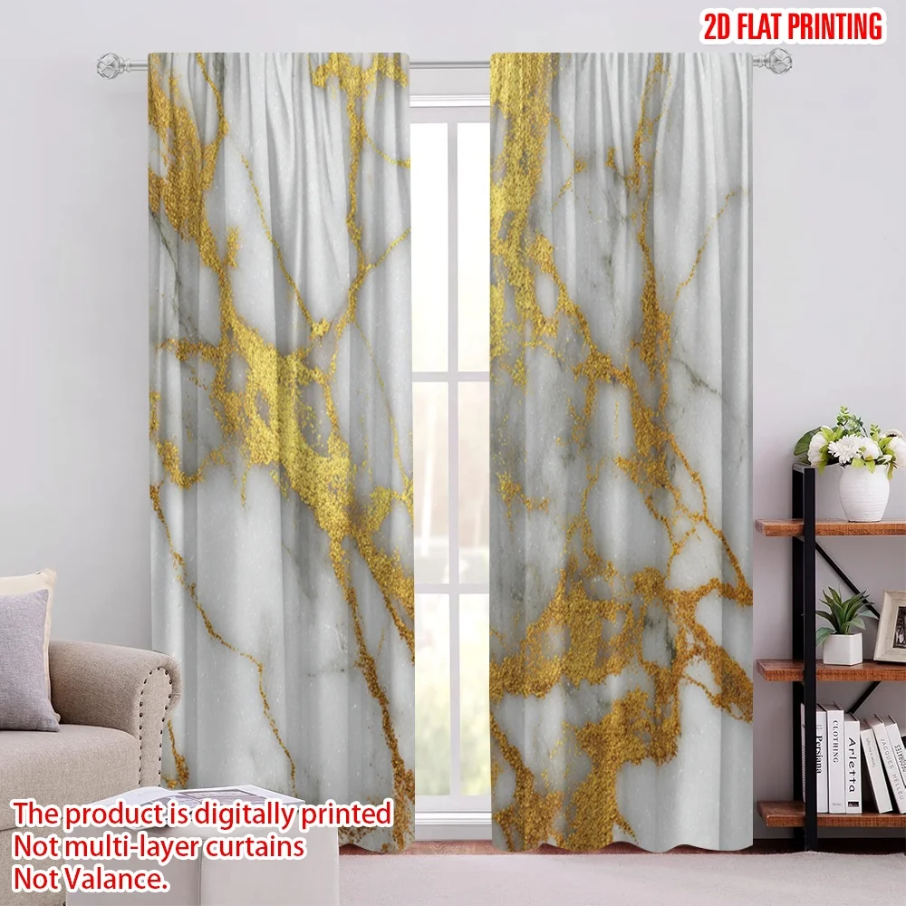 2 قطعة ستارة حفلات مطبوعة مسطحة ثنائية الأبعاد من الرخام الأبيض وأوردة ذهبية وستائر بوليستر مطبوعة رقمية للحفلات العائلية مثالية للفصول الدراسية
