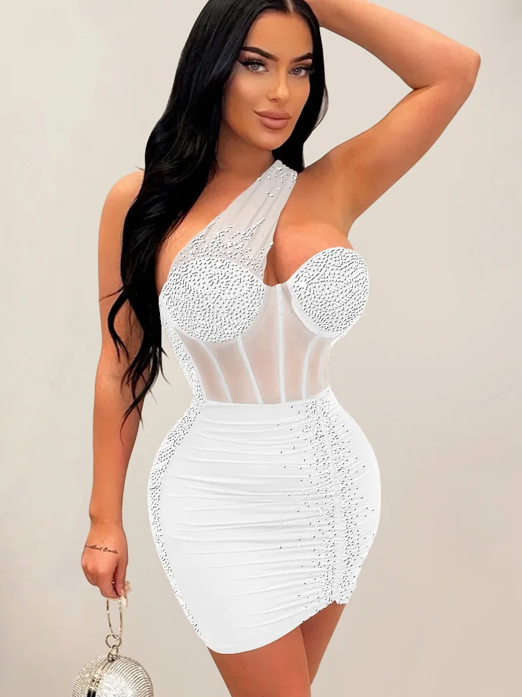 RLMABABY Sexy Diamond Inclined Neck Backless Club Party Mini Bodycon Dress Women Summer See Through Folds Short Skinny Dress