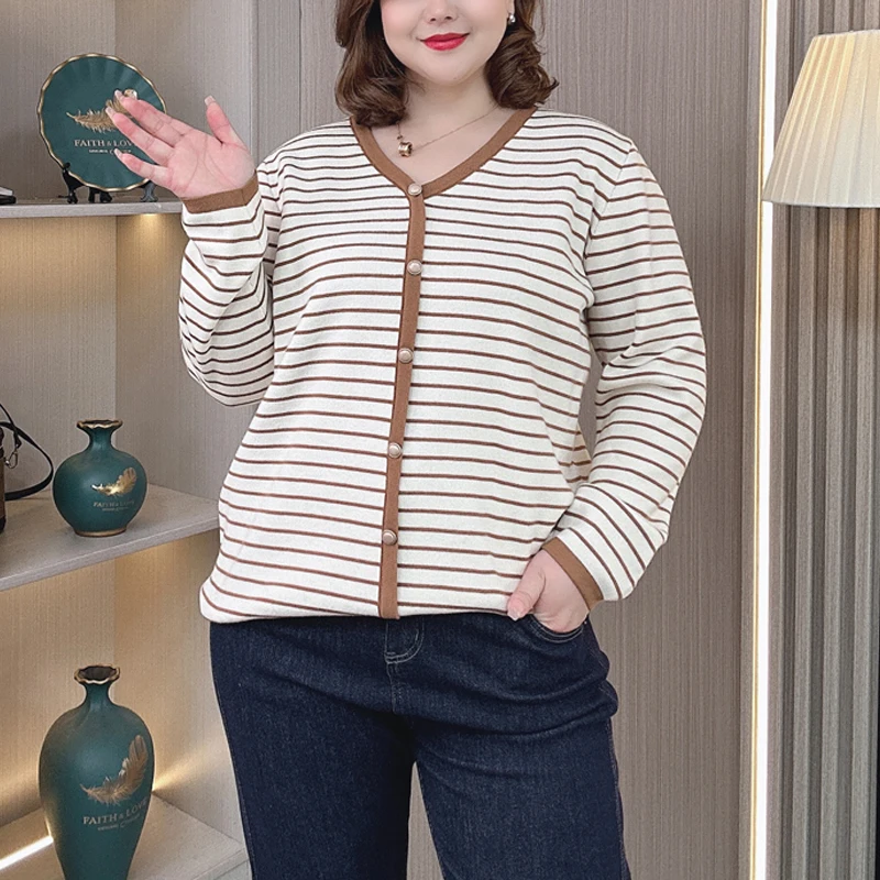 Plus Size Women Sweaters Autumn Winter Loose Pullovers V-neck Decorative Button Striped Jumpers 2481