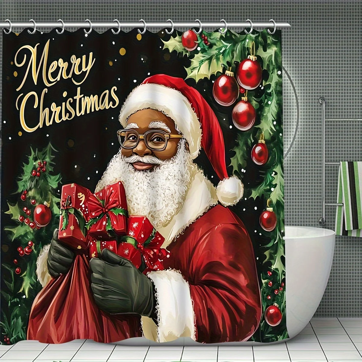 4Pcs Santa Claus Shower Curtain Set, with Hook and U-Shaped Toilet Seat Cover, Bathroom Accessories, Christmas Decoration