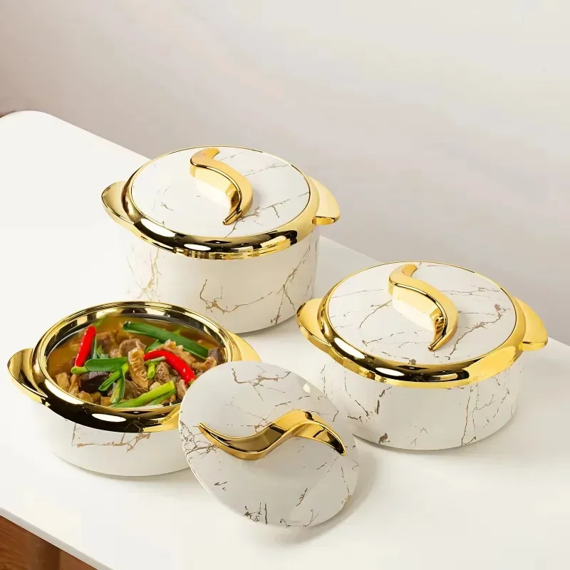 Deluxe three-piece cookware set 1.5l 2l 2.5l marble white food heater casserole hot pot double wall stainless steel insulation