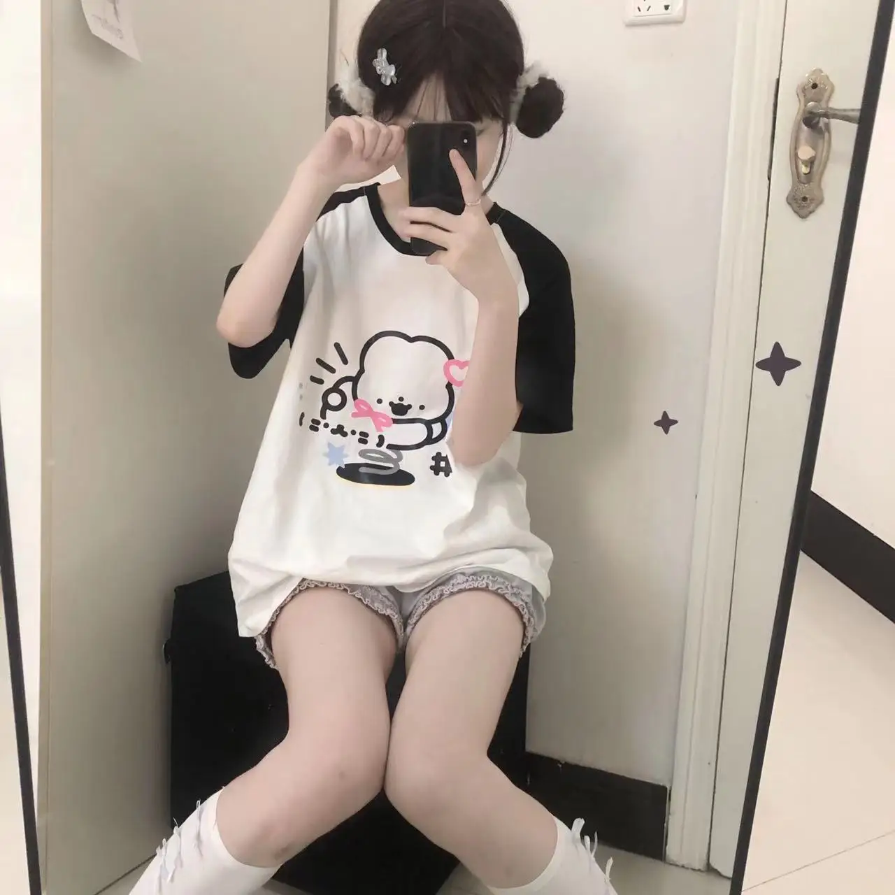 Original Japanese Cute Raglan Sleeve Color Blocking Cartoon Short-sleeved T-shirt Spring New Pixiv Sweet Girl Graphic T Shirts