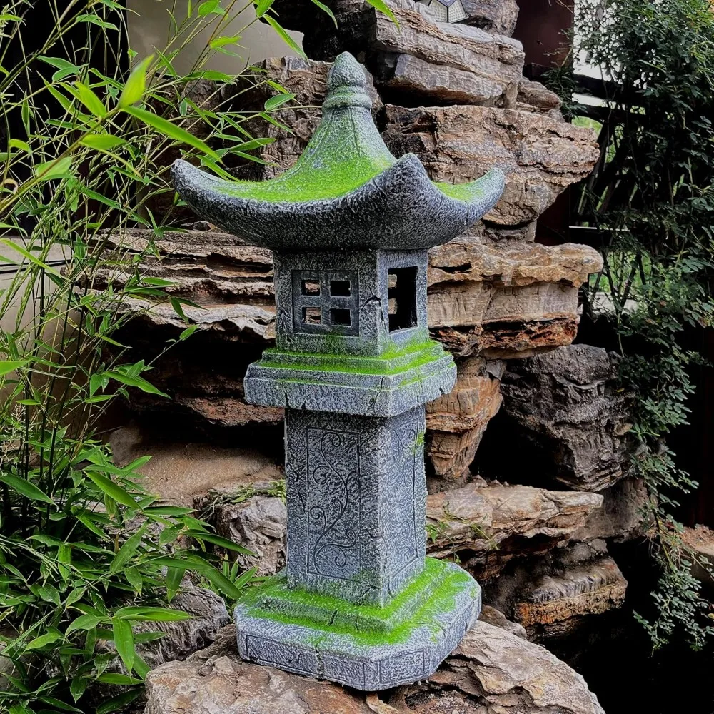 31.5’’High Japanese Pagoda Statue Moss-Covered Retro Miniature Tower Lantern Garden Decoration Figurines Outdoor