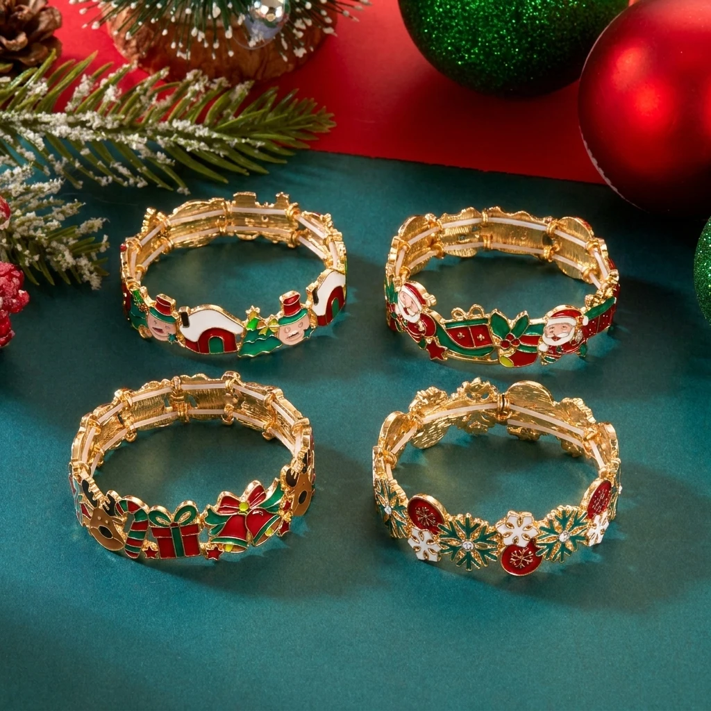 Design Sense Weihnachtsbaum-Emaille-Armbänder für Frauen, niedliche Elch-Glocken-Schneeflocken-Armbänder, ästhetischer Weihnachtsparty-Schmuck – Detail 5