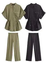 Women's linen pants suits fashionable women's two-piece shirt top suits ladies wide-leg pants casual women's wear 2024 new