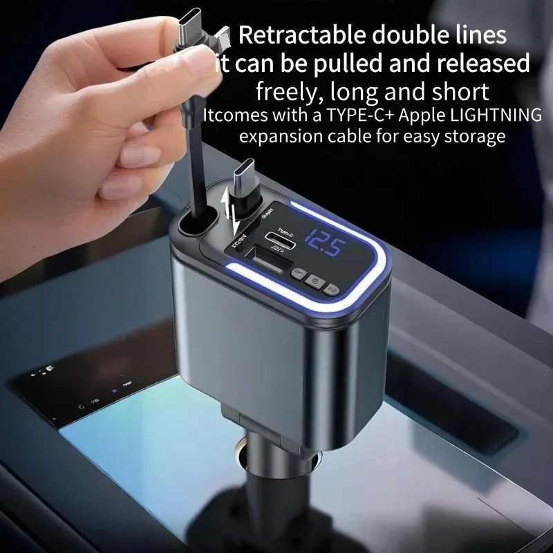 5IN1 شاحن سيارة قابل للسحب FM الارسال ضوء النجوم الهاتف نوع C كابل آيفون شحن سريع الحبل ولاعة السجائر محول