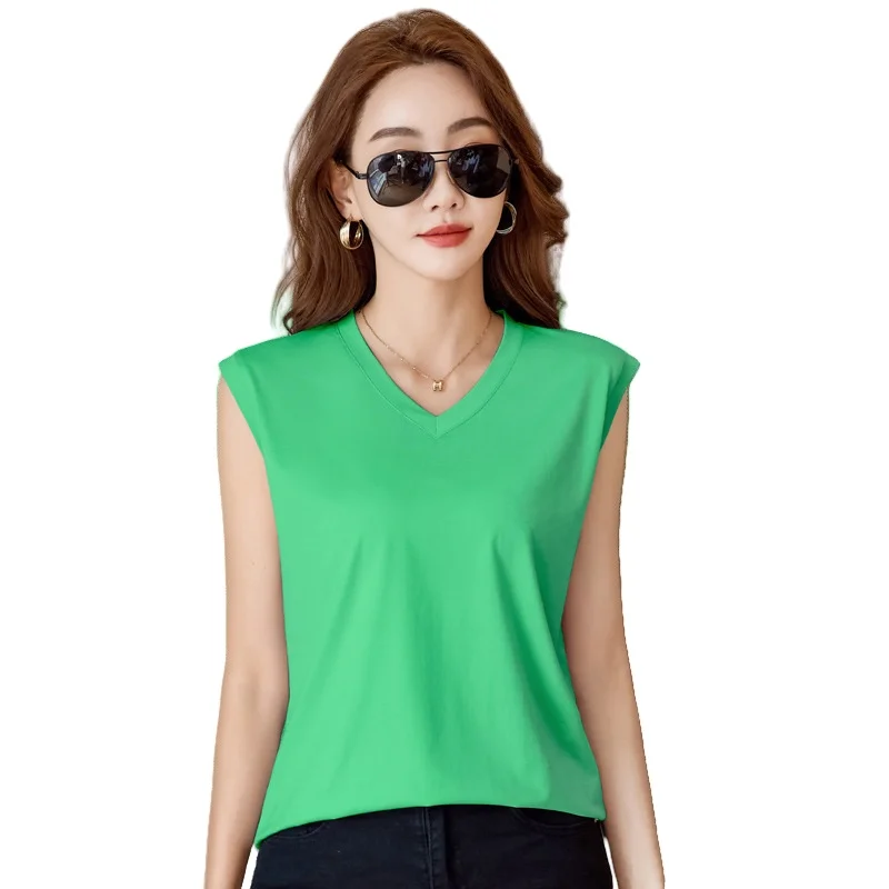 

Summer Women's V-neck Sleeveless Vest Fashion Solid Color Slim Fit Top Silk Cotton T-shirt