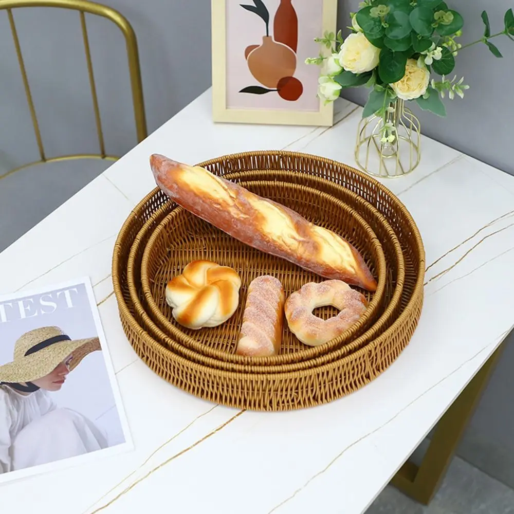 1Pcs Breakfast Bread Food Handwoven Rattan Basket Round Rectangular Shape Imitation Wicker Rattan Storage Tray Food Plate