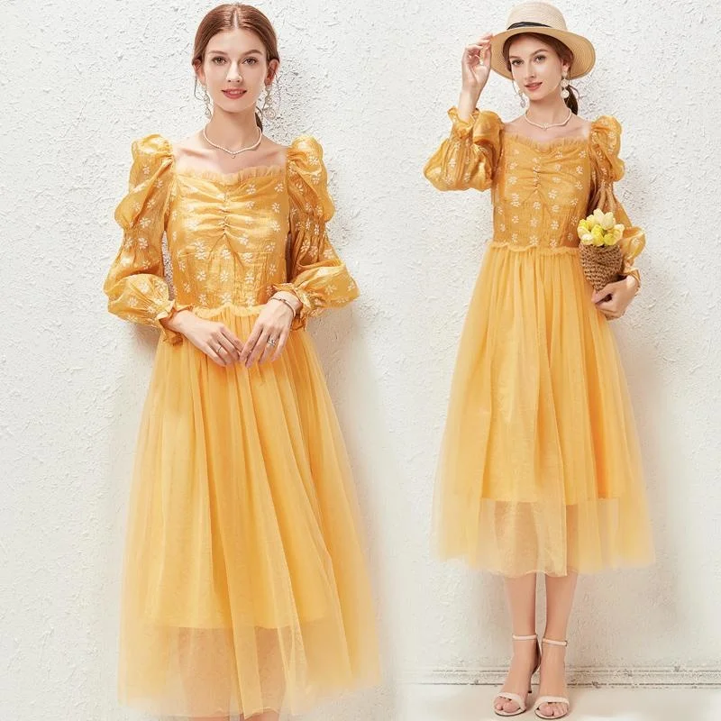 Eleagnt Vintage French Women Summer Vestidos Cute Yellow Color Long LanternSleeve Edible Ruched Perspective Guaze Holliday Dress