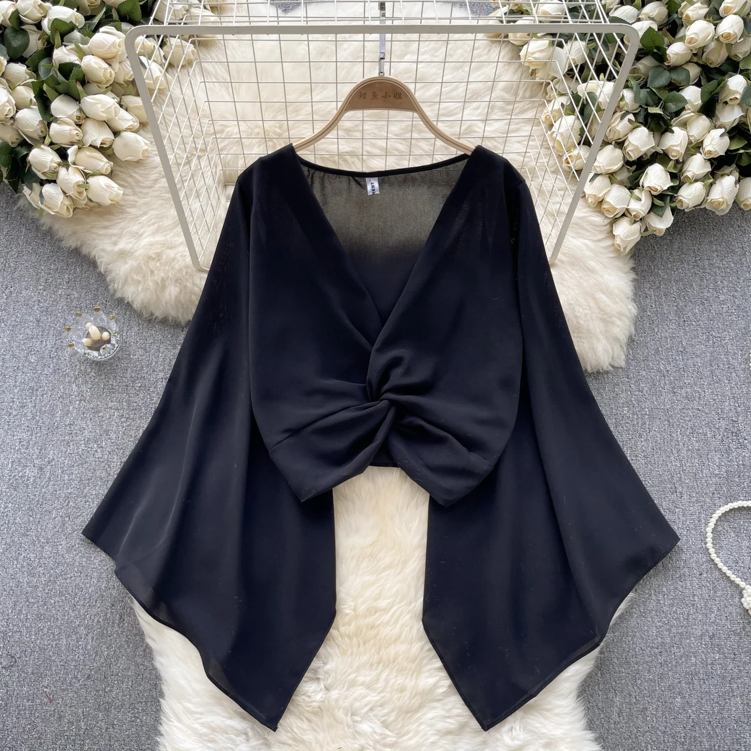 Retro Flare lool Sleeve v neck knot chiffon Blouse Slim Sexy Shirt 