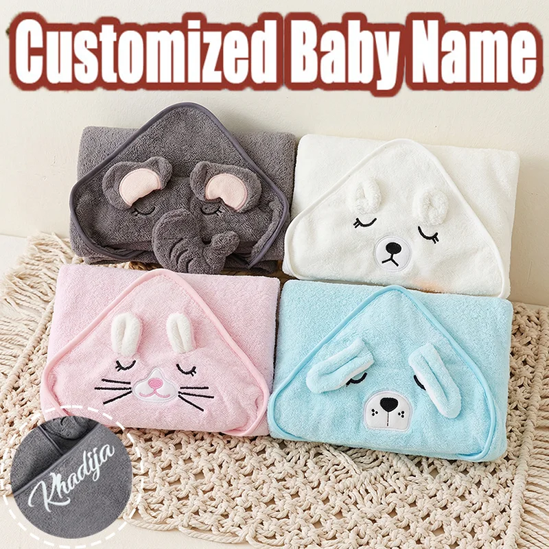 

Customized Name Cartoon Animal Baby Bath Towel Soft Newborn Hooded Absorbent Infant Towel with Cap - Baby Shower Gift