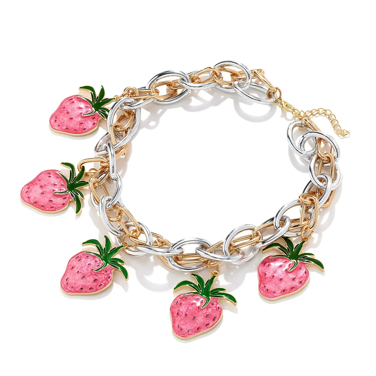 Fashionable Hand-Stitched Metal Chain Colored Oil-Dripping Strawberry Pendant Necklace Personalized Stackable Neck Chain