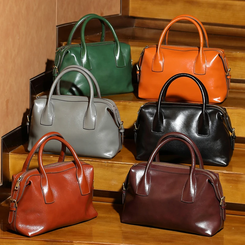BURMINSA Genuine Cowhide Leather Handbags For Women Retro Pillow Top Handle Bags Bowling Daily Work Crossbody Shoulder Purses