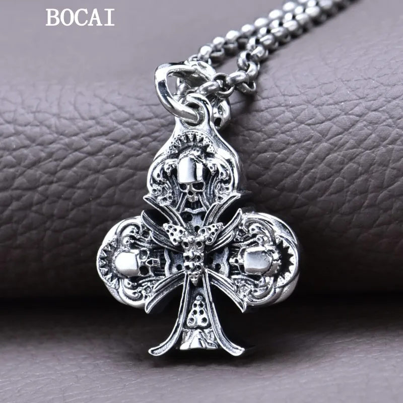 BOCAI New S925 Sterling Silver Retro Punk Skull Playing Card Black Red Plum Pendant Gift for Men and Women