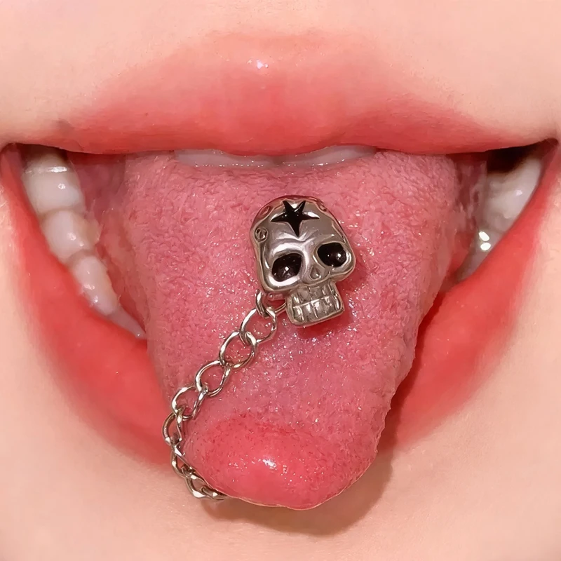 Goth Jewelry Skull Star Tongue Ring Sexy Accessories Chain Beads Tongue Nails Body Piercing Accessories Punk Glamor Aesthetic