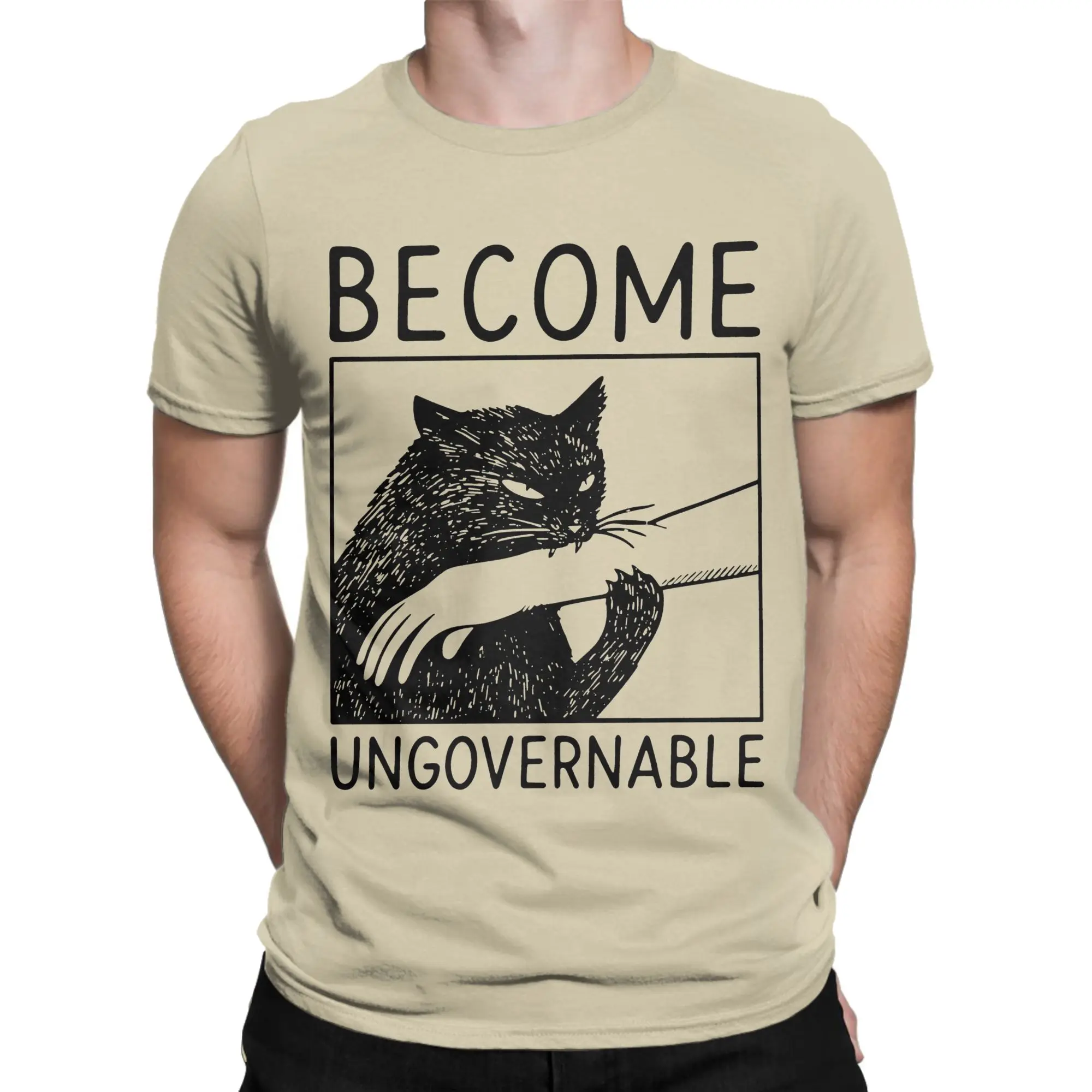 Funny Cat Biting Hand Become Ungovernable T-Shirt Vintage Pure Cotton Tee Shirt Round Collar Short Sleeve T Shirts Big Size Tops