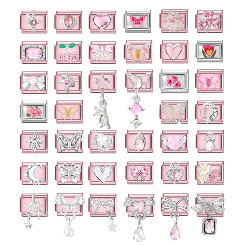 2025 New Women Romantic Pink Cherry Heart Shiny CZ Italian Charm Links Fit 9mm Bracelet Stainless Steel DIY Making Jewelry Gifts image 4