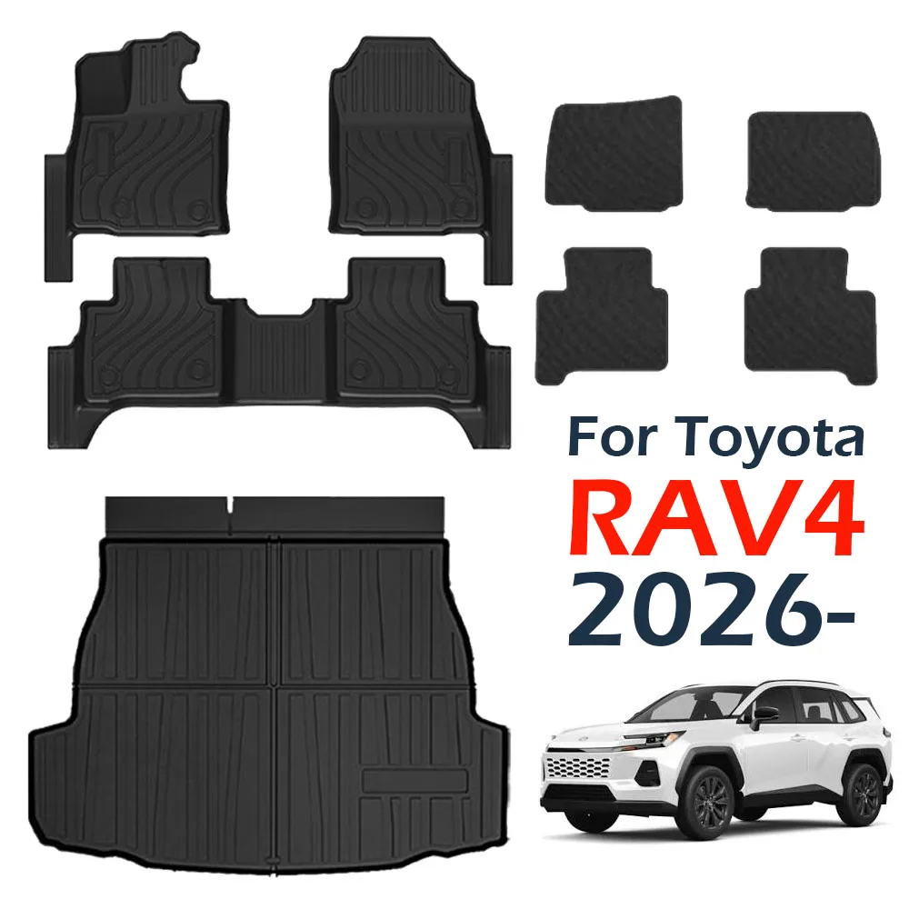 Fußmatten mit Türschwellenschutzstreifen für Toyota RAV4 HEV 2026 Hybrid Allwetter-Fußmatten Kofferraummatte Kofferraumrückenlehnenpolster