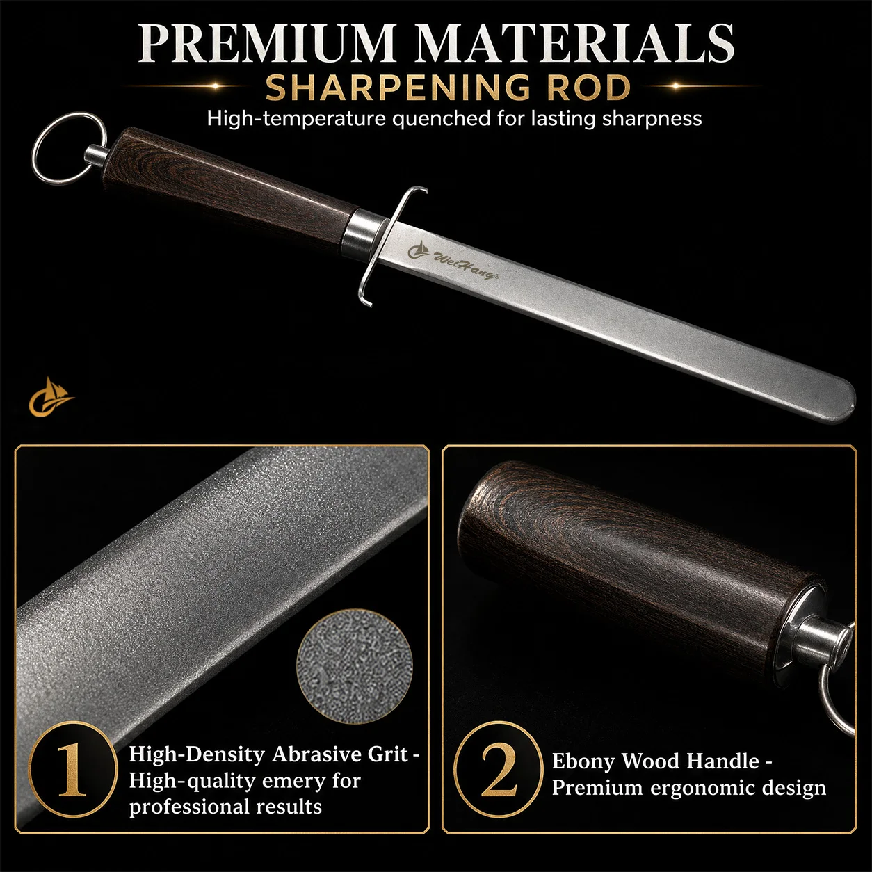 Knife Sharpening High-Density Emery Sharpening Stick Honing Steel For Kitchen Knife Household Stainless Steel Knives Ebony Wood