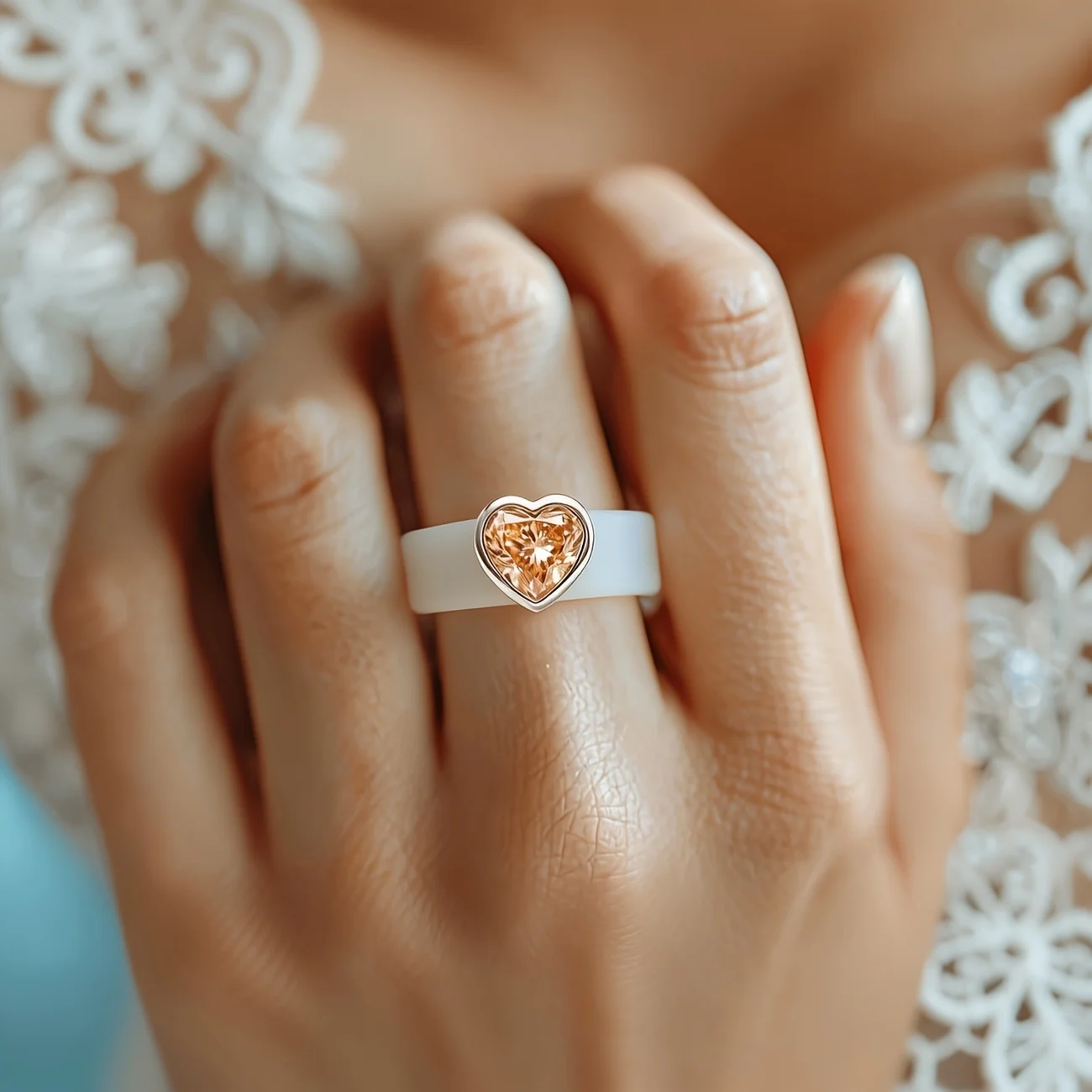 Women's White Silicone Promise Ring with Heart Champagne CZ, Dainty Stackable Comfort Band for Layered Look Party Casual Jewelry