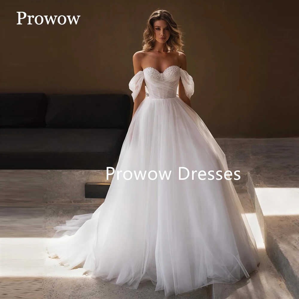 

Prowow Luxury 2025 Ivory A Line Wedding Dress Off Shoulder Floor Length Bridal Gown Pearls Pleats Soft Tulle Zipper Customized