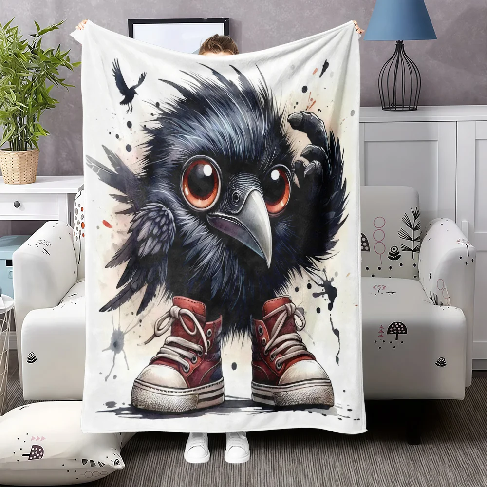 1pc Cute Black & Grey Raven Plush Blanket - Soft Flannel All-Season Bedspread with White Raven & Red Sneaker Design, Cozy Throw
