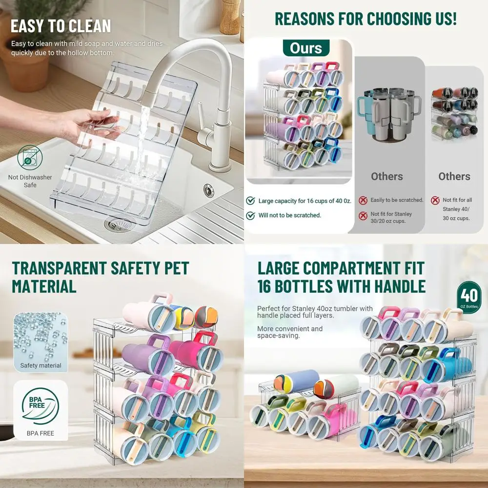 

Stackable Tumbler Organizer for 40 oz Insulated Cup with Handle, Kitchen Cabinet Storage Solution for Drinkware Accessories