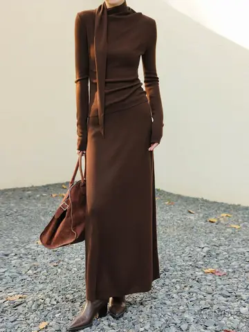 Women's Long Sleeve Brown Stand Collar Sheath Spring Dress