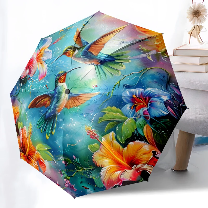 Hummingbird Flower Folding Umbrella Fashion Auto-Open Design 8 Iron Ribs Plastic Handle Foldable Sunshade Perfect Christmas Gift