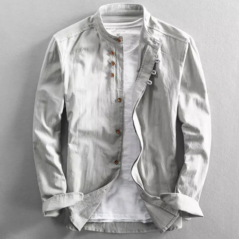Japanese style men's casual linen stand collar shirt solid color long sleeve slim trend breathable retro classic top coat