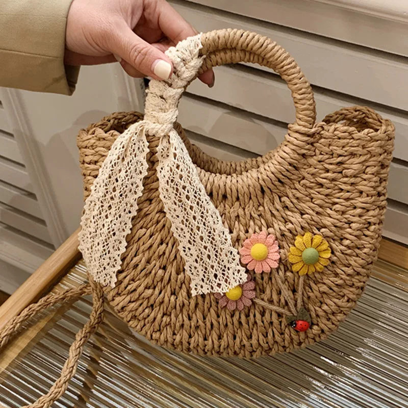 Bolsa de mão feminina, saco tecido à mão, saco tecido palha, em forma de lua, alça superior, para o verão, novo