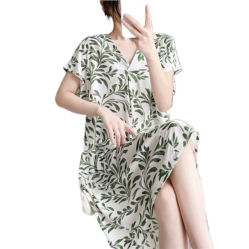 Cotton and Silk Nightgown Women's Korean Version Large Size Loose  Loungewear Summer New Short-sleeved Cartoon Printed Pajamas
